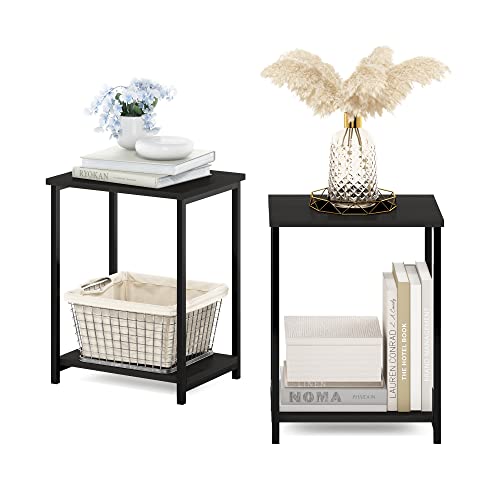 Furinno SIMPLISTIC Side Table Set of 2, 2-Tier Metal Frame End Table with Open Shelf, Night Stand, Bedside Table, for Living Room, Bedroom, Espresso