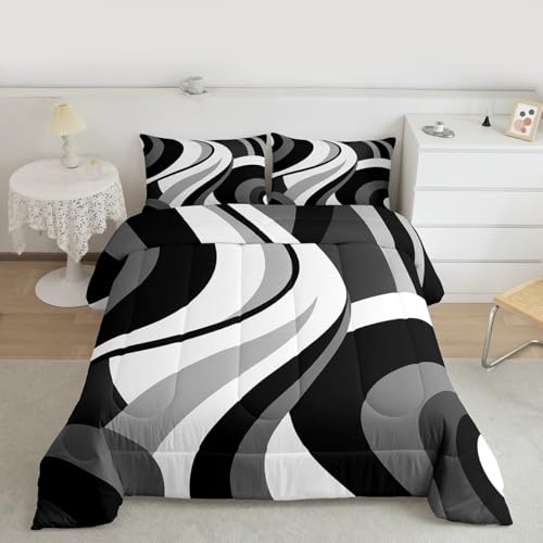 Gray Black White Spiral Bedding Full Size for Adult Women Men Modern Swirls Stripes Abstract Comforter for Minimalists Boho Aesthetic Geometry Geometric Bed Sets Graffiti Art Lines Quilt Sets
