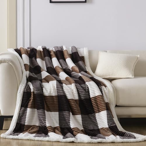 Gracelife Blanket for Women, Sherpa Throw Blanket for Couch, Flannel Cozy Soft Checkered Blanket for Bed - Fleece, Dark Brown, 80x90 Inches