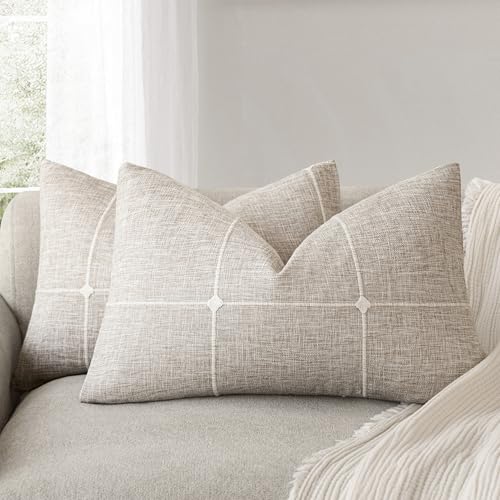 Foindtower Pack of 2 Decorative Faux Linen Jacquard Check Throw Pillow Covers Farmhouse Lumbar Cushion Cover with Grid Textured Accent Pillowcase for Couch Sofa Living Room Home Decor,12??20 Inch,Beige