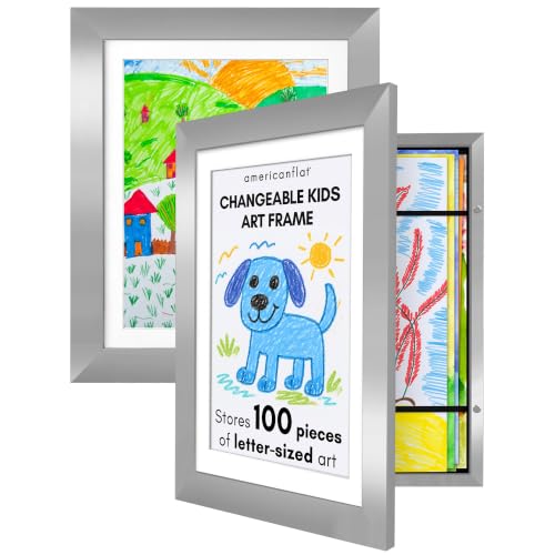 Americanflat A4 Kids Artwork Display Frame Changeable 2-Pack - Silver - Holds 100 art pieces, magnetic front door, built-in keyholes for wall display, stores finished artwork
