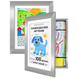 Americanflat A4 Kids Artwork Display Frame Changeable 2-Pack - Silver - Holds 100 art pieces, magnetic front door, built-in keyholes for wall display, stores finished artwork