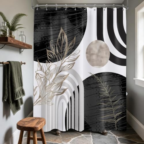 QGHOT Boho Mid Century Modern Shower Curtain Black and White Shower Curtains for Mens Bathroom Decor Cool Grey Abstract MCM Masculine Bath Curtain Set, Waterproof Fabric with Hooks 60x72 inch