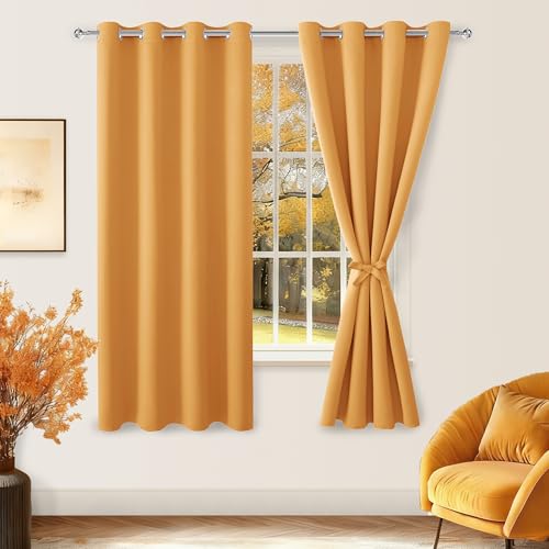 Hiasan Blackout Curtains for Bedroom, 52 x 63 Inches Length - Thermal Insulated & Light Blocking Window Curtains for Living Room, 2 Drape Panels Sewn with Tiebacks, Pumpkin Orange