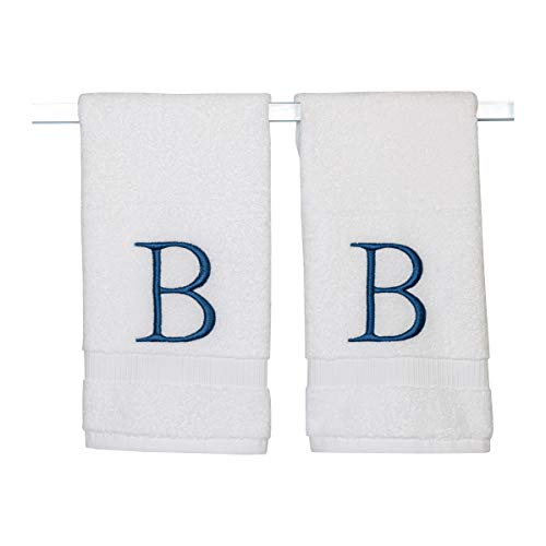 White with Navy Monogrammed Hand Towels for Bathroom - Set of 2 Letter B - Luxury Hotel Quality Initial Towels For Powder Room, Spa, GOTS Organic Certified