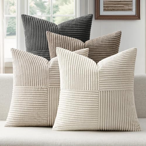 ANRODUO Pack of 4 Decorative Couch Throw Pillow Covers 18x18 Inch Neutral Gray Boho Cozy Soft Corduroy Cushion Covers Farmhouse Accent Pillowcases for Mid Century Modern Home Decor Sofa Living Room