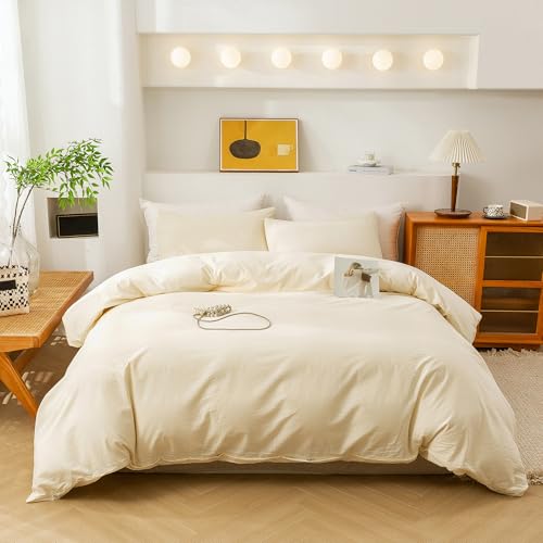 ECOCOTT Cream Duvet Cover Queen, 100% Washed Cotton 3 Piece Duvet Cover Sets 1 Duvet Cover with Zipper and 2 Pillowcases Bedding Set (Cream,Queen)