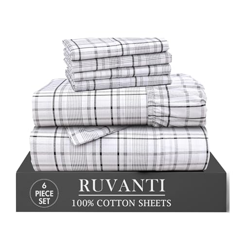 "Ruvanti 100% Cotton Percale Sheets Cal King Size 6 Pcs Set, Open Check - Cooling for Hot Sleepers, Deep Pocket 14"", Breathable Lightweight & Durable, Crisp Hotel Style"