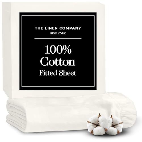 The Linen Company NY Cotton Fitted Sheet – 100% Cotton Percale, Cool & Crisp Hotel Feel, Breathable, Softens After Wash, Skin-Friendly, Temperature-Regulating for Comfortable Sleep (Ivory)