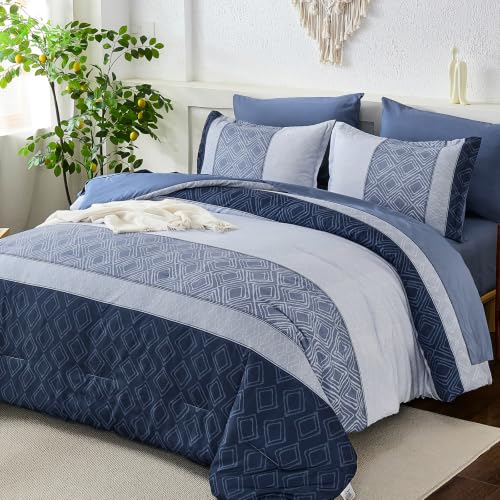 Dinjoy Blue King Size Comforter Set,Striped Boho Bed in a Bag King 7 Pieces Soft Fall Bedding Comforters Microfiber Mineral Blue Complete Sets for All Season