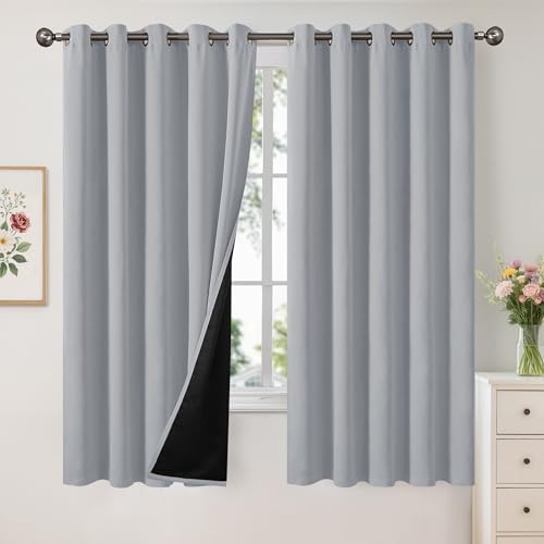 YoungsTex Light Grey 100% Blackout Curtains 63 Inch Length for Bedroom, Double Layer Full Room Darkening Thermal Insulated Drapes for Living Room Heat Blocking Privacy, 2 Panels, 60 X 63 Inch
