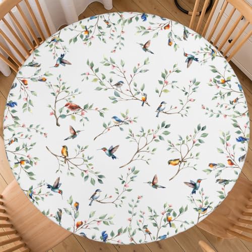 "Spring Bird Branch Round Fitted Tablecloth with Elastic Floral Green Leaf Table Cloth Seasonal Summer Decorative Washable Farmhouse Table Cover Outdoor Kitchen Dining Home Picnic for 40""-44"" Table"