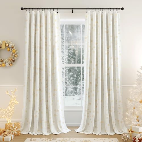Beauoop Christmas Cream Velvet Curtains for Living Room 52x84 2 Panels - Gold Snowflake Holiday Decor Room Darkening Drapes for Bedroom Thermal Insulated Soundproof 84 Inch Long Treatment Rod Pocket