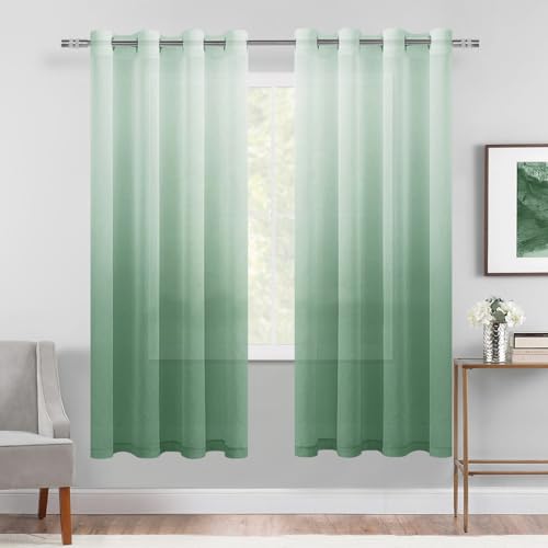 DWCN Ombre Sheer Curtains - Faux Linen Gradient Semi Voile Grommet Top Drapes Bedroom and Living Room Curtains, Set of 2 Window Curtain Panels, 52 x 63 Inch Length, Sage Green