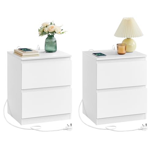 VASAGLE KAILYN Collection - Nightstands with Charging Station, Set of 2 Bedside Tables with Drawers, Side End Tables, 2 AC Outlets, 2 USB Ports, for Living Room, Bedroom, Study, Cloud White LET821W01