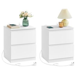 VASAGLE KAILYN Collection - Nightstands with Charging Station, Set of 2 Bedside Tables with Drawers, Side End Tables, 2 AC Outlets, 2 USB Ports, for Living Room, Bedroom, Study, Cloud White LET821W01