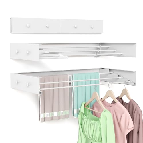 Wall Mounted Drying Rack for Laundry 19.8'', Folding Drying Rack Clothing Wall Mount with 3 Rods and 4 Hooks, Space Saving for Indoor Outdoor Bathroom Balcony (White, 19.8'')