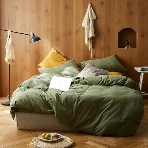 Lifevc Soft Jersey Knit Cotton Full Size Duvet Cover, 3 Piece Avocado Green Bedding Set, Luxury Solid Color Modern Style Comforter Cover with 2 Pillowcases