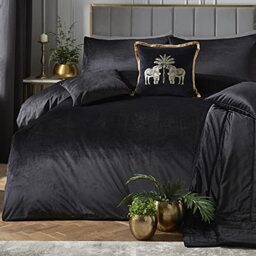 Laurence Llewelyn-Bowen Black Velvet Duvet Cover Set – Double Size 200x200cm – 2 Pillowcases – Soft Touch Designer Bedding – Luxury Quilt Cover – Elegant Black Bedroom Set