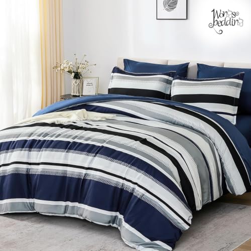 WONGS BEDDING Queen Comforter Set, 7 Pieces Navy Blue Comforter Set Queen Size, Soft Striped Bed in a Bag Bedding Set with Comforter, Flat Sheet, Fitted Sheet, Pillow Shams, Pillowcase