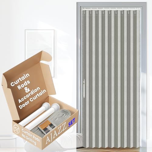 "AJAZZ Set: Curtain Rods No Drilling (38-53"" W Adjustable Range) & Accordion Door Curtain, Grey 53W??78"" L, Accordion Doors for Closet Doorway Room Divider"