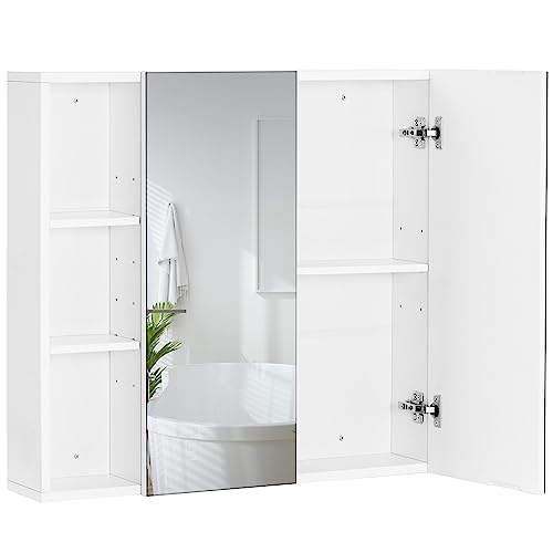 Yaheetech Bathroom Mirror Cabinet, 2 Doors, Open Side Shelves, White