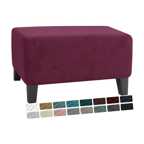MAXIJIN Velvet Ottoman Cover Rectangular Stretch Square Ottoman Covers Slipcover Rectangle Washable Foot Stool Cover Thick Storage Protector with Elastic Bottom (Ottoman Small, Wine Red)