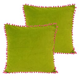 Paoletti Velvet Pompom Polyester Filled Cushions (Twin Pack), Green/Fuchsia, 45 x 45cm
