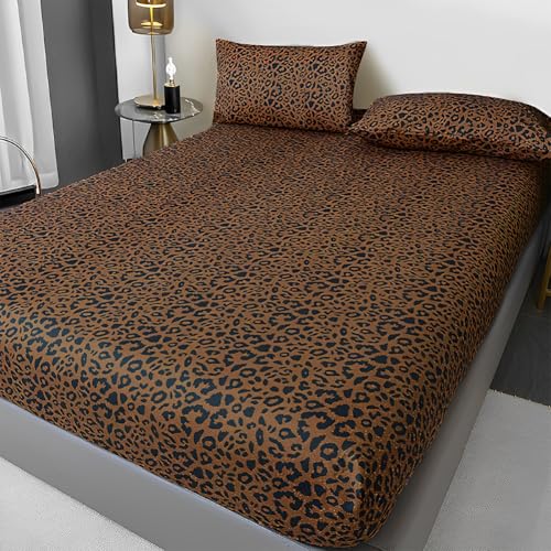 "Leopard Pattern Fitted Sheet Full Size Soft 100% Microfiber Bedding Sheet 15"" Deep Pocket 1 Piece Fitted Sheet Animal Cheetah Printed Farmhouse Bedding Sheet Cozy Mattress Cover Full Size Bed Sheet"