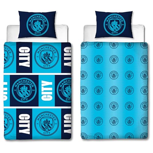 Manchester City FC Official Single Duvet Cover Set - Flashy Design - Blue Reversible 2 Sided Football Bedding Cover Official Merchandise Including Matching Pillow Cases - Polycotton
