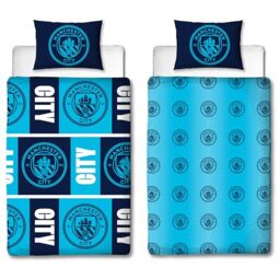 Manchester City FC Official Single Duvet Cover Set - Flashy Design - Blue Reversible 2 Sided Football Bedding Cover Official Merchandise Including Matching Pillow Cases - Polycotton