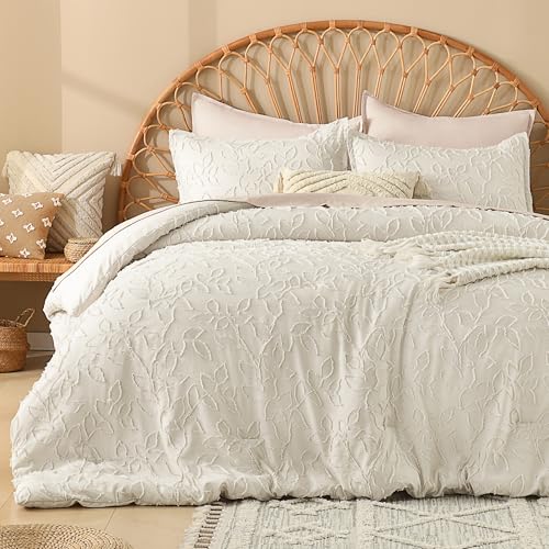Litanika California King Comforter Set, 3PCS Beige Cream Boho Bedding - Fluffy Farmhouse Bed Set for All Seasons with 2 Leaf Pattern Pillowcases (104x96In)