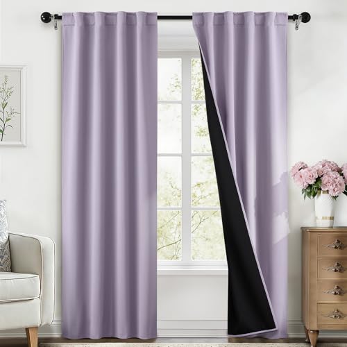 SimpleHome 100% Blackout 84 Inch Lilac Curtains for Living Room - Curtains for Bedroom,Rod Pocket and Back Tab Window Drapes,Room Darkening Curtains with Black Back,40 x 84 Inch,2 Panels