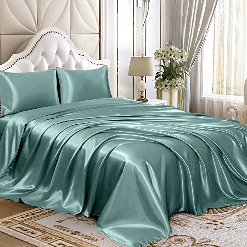 Homiest Queen Greyish Green Deep Pocket Satin Sheets, 4-Piece - 15-Inch Deep Pocket Design, Silky Soft for Hair And Skin, Wrinkle And Fade Resistant, Machine Washable, Glossy Finish
