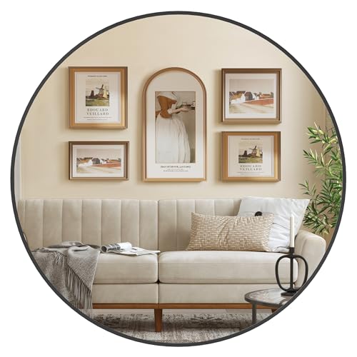 SONGMICS 91cm d Mirror Round Mirror Wall Mirror Metal Frame Easy Mount Modern Bathroom Living Room Bedroom Hallway Entryway Ink Black LWM105B01