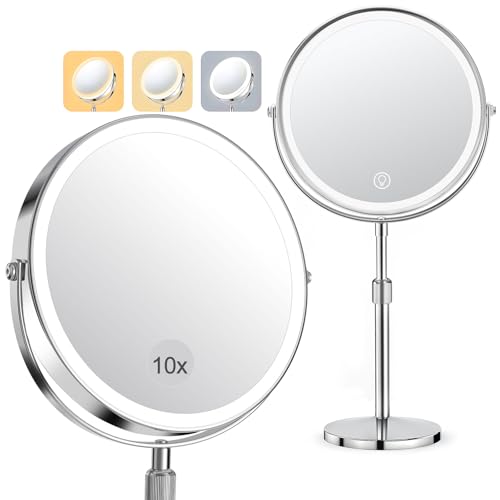 "SURFOU 8"" Makeup Mirror with Lights on Stand, 10X Lighted Magnifying Mirror with Height Adjustable Brightness & 3 Color Dimmable Lights, 2-Sided Height Adjustable Vanity Mirror - silver"