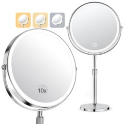 "SURFOU 8"" Makeup Mirror with Lights on Stand, 10X Lighted Magnifying Mirror with Height Adjustable Brightness & 3 Color Dimmable Lights, 2-Sided Height Adjustable Vanity Mirror - silver"