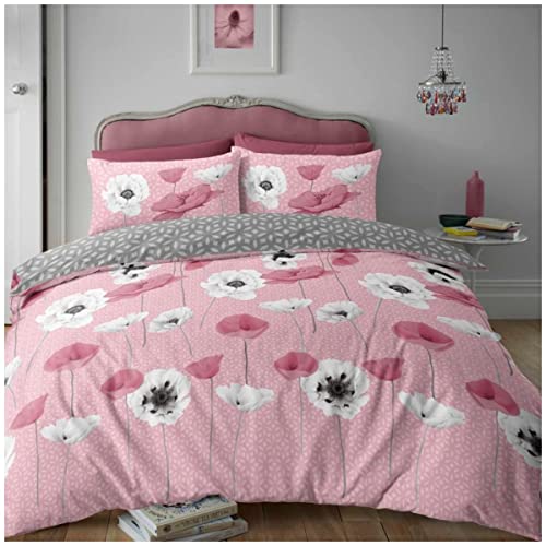 GC GAVENO CAVAILIA Reversible Flannelette Duvet Cover, Brushed Cotton Bedding Quilt Set, Soft Bed Covers, Poppy-Blush Pink, Single