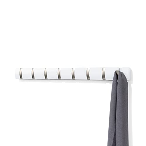 Umbra Flip Wall-Mounted Coat Rack with 8 Hooks – Modern, Space-Saving Storage for Hats, Jackets, Bags, Entryway, Mudroom, Closet, Bathroom, Bedroom – White/Nickel