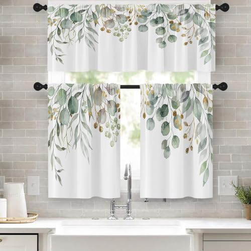 Emvency Spring Leaves Kitchen Window Curtains Valance and Tier Set 36 Inch, Green Eucalyptus Leaves 3 Piece Set Short Curtains for Window, Summer Window Treatment Tiers for Living Room Bedroom
