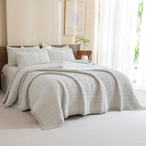 "Sanracie Oversized Queen Quilt (102""x118""), Cotton Waffle Weave Quilt Sets, 3Pcs Luxury Aesthetic Quilt Bedding Set, Soft Breathable Lightweight Farmhouse Coverlet Set for All Season, Khaki"