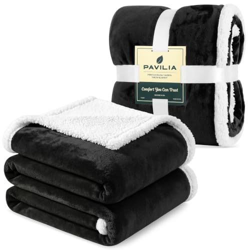PAVILIA Sherpa Fleece Throw Blanket for Couch, Black, Plush Soft Fuzzy Sofa Blanket, Cozy Reversible Winter Throw for Women Men, 50x60 Inches
