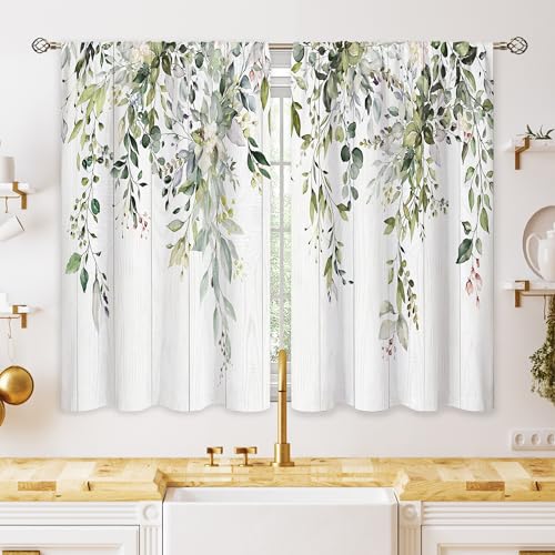 oolygoo Farmhouse Eucalyptus Botanical Small Kitchen Curtains Rustic Leaves Window Treatment Wooden Floral Sage Mint Green Cafe Short Curtains for Bathroom Dining Tier Treatment Drapes 27.5x39 inch