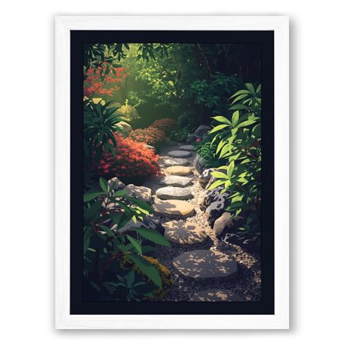 Garden Path into Shadow Boho Framed Wall Art Print A4 (29.7×21cm) White, Wall Decor for Living Room, Bedroom, Office & Home, Ready to Hang, Art Gift