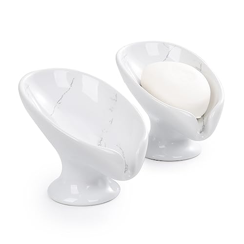 Soap Dish Set, Self Draining Bar Soap Holder for Bathroom Sink, Leaf Shaped Drainage Soap Dish Ceramic Marble Porcelain Decorative Soap Dishes 2PCS, No Suction Cup, ANTIS'S HOME