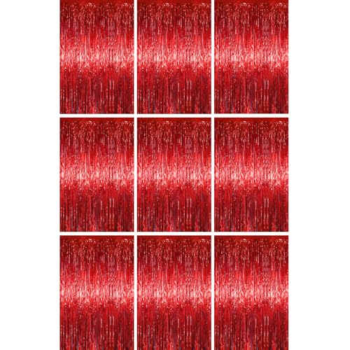 Voircoloria Red Foil Fringe Backdrop Curtains, 3.3x6.6ft, 9pcs - Tinsel Streamers, Birthday Party Decorations, Baby Shower, Gender Reveal, Graduation