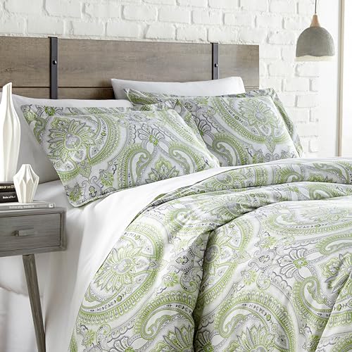 Southshore Fine Living, Inc. King Size Comforter Set, Down Alternative Boho Bedding, Paisley Print Bedspread, Comforters Oversized King/California Size with 2 Matching Shams, Pure Melody Green