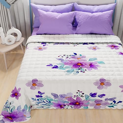 PETTI Artigiani Italiani - Summer Bedspread 220 x 260 cm 100 g/m?? Double Face, Spring Quilt, Lightweight Quilt, Purple Floral, 100% Made in Italy