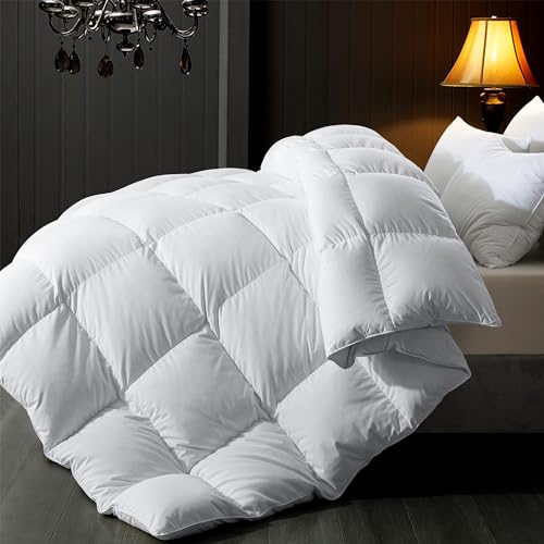 ELNIDO QUEEN?? Feather Comforter Full Size, Filled with Feather and Downfiber, Luxurious All Season Fluffy Duvet Insert, Ultra Soft Hotel Collection 100% Cotton Cover Bed Comforter, White 82x86 Inch