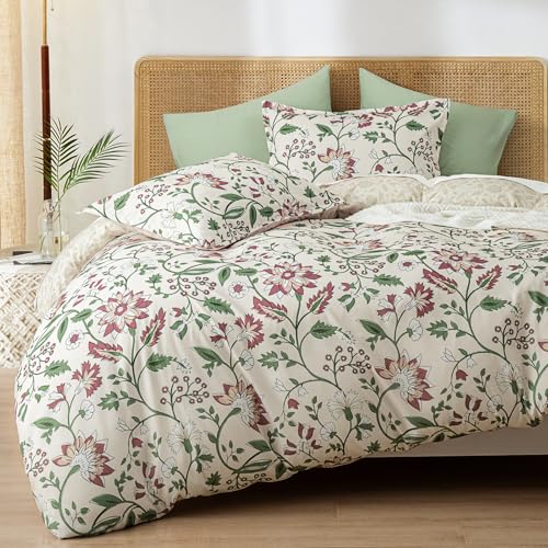 "PHF Ultra Soft Floral Duvet Cover Queen Size, Printed Bedding Set 3 Pieces, Comfy Farmhouse Pattern Duvet Cover Set with 2 Pillow Shams, Zipper Closure and 8 Ties, 90""x90"", Flower-Pink"